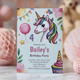 Mädchen Niedlich Pastel Unicorn Kinder 4. Geburtst Einladung