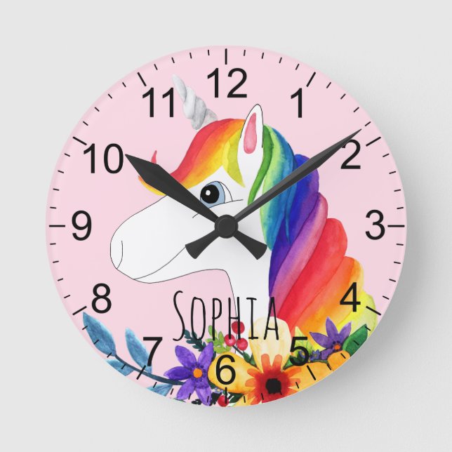 Mädchen Niedlich Pink Aquarell Blume Einhorn Kinde Runde Wanduhr (Vorderseite)