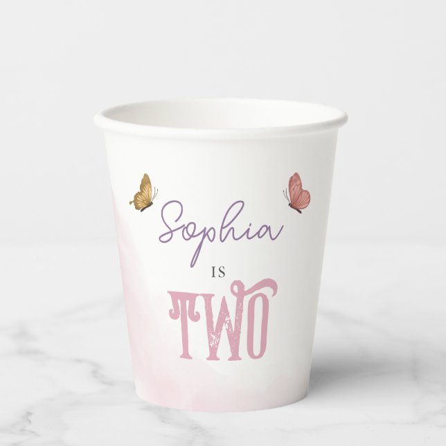 Mädchen Niedlich Pink Aquarell Schmetterling Kinde Pappbecher (Vorderseite)
