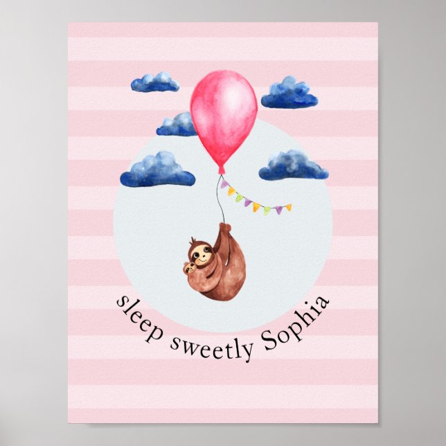 Mädchen Niedlich Pink Ballon Sloth Tier und Name K Poster (Vorne)