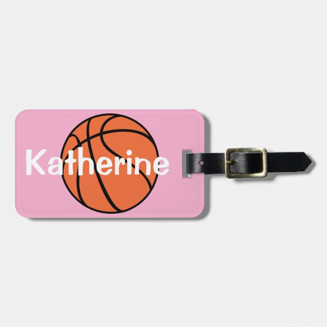 Mädchen Niedlich Pink Basketball Sport Kinder Gepäckanhänger (Vorderseite horizontal)