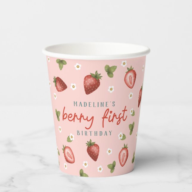 Mädchen Niedlich Pink Berry Erster Geburtstag Pappbecher (Rückseite)