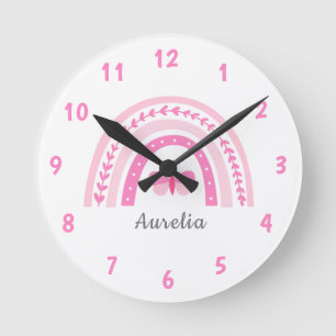 Mädchen Niedlich Pink Boho Regenbogen & Name Kinde Runde Wanduhr