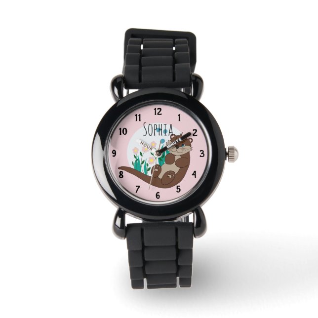 Mädchen Niedlich Pink Fluss Otter Blume und Name K Armbanduhr (Vorderseite)
