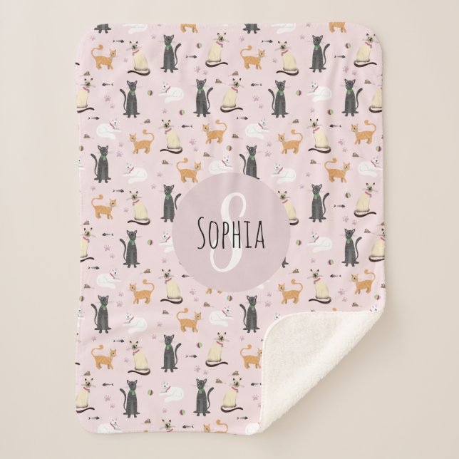 Mädchen Niedlich Pink Kitty Cat Muster & Name Kind Sherpadecke (Vorderseite)