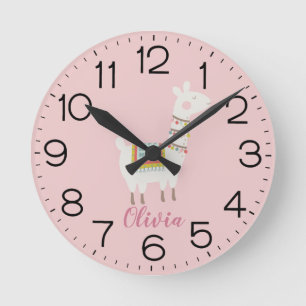 Mädchen Niedlich Pink Llama Custom Kinderzimmer Ki Runde Wanduhr