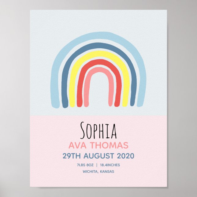 Mädchen Niedlich Pink Rainbow Birth Stats Baby Kin Poster (Vorne)