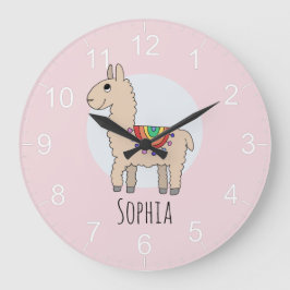 Mädchen Niedlich Pink Rainbow Llama und Name Kinde Große Wanduhr