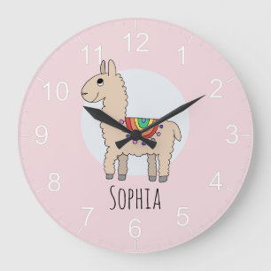 Mädchen Niedlich Pink Rainbow Llama und Name Kinde Große Wanduhr