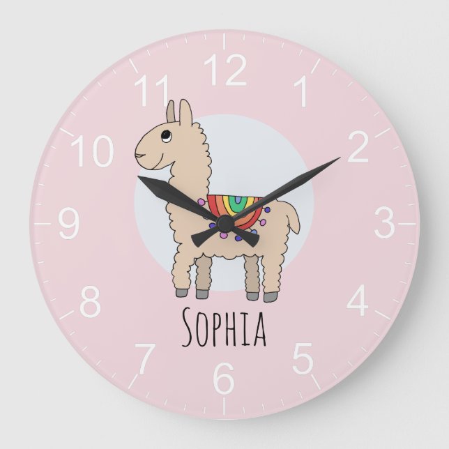 Mädchen Niedlich Pink Rainbow Llama und Name Kinde Große Wanduhr (Vorderseite)