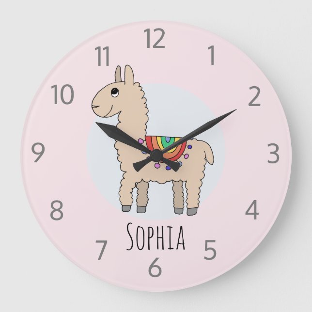 Mädchen Niedlich Rainbow Llama Cartoon und Name Ki Große Wanduhr (Vorderseite)