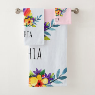 Mädchen Niedlich Rainbow Unicorn Blume und Namens Badhandtuch Set