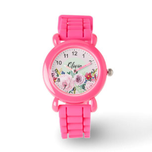 Mädchen Niedlich rosa botanische Blume und Name Ki Armbanduhr