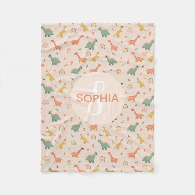 Mädchen Niedlich rosa Dinosaurier Monogram Kids Fleecedecke (Vorderseite)