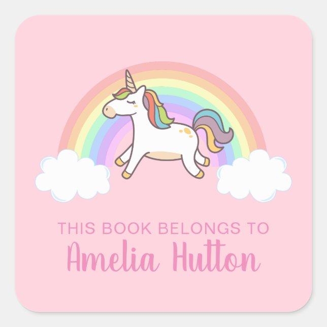 Mädchen Niedlich rosa Einhorn Dieses Buch gehört K Quadratischer Aufkleber (Vorderseite)