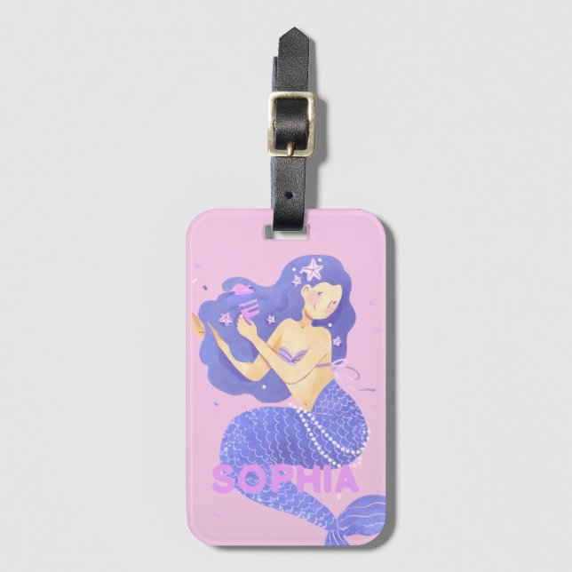 Mädchen Niedlich rosa Meerjungfrau Name Personalis Gepäckanhänger (Vorderseite Vertikal)