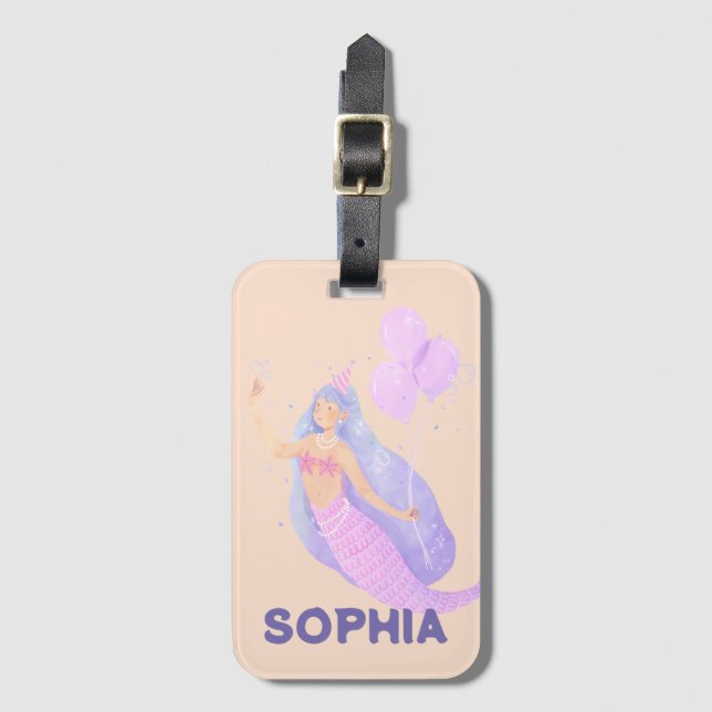 Mädchen Niedlich rosa Meerjungfrau Name Personalis Gepäckanhänger (Vorderseite Vertikal)