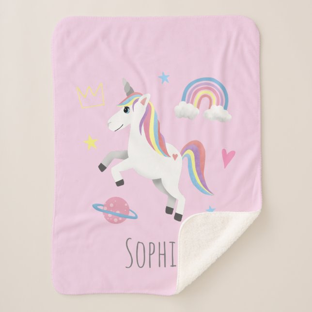 Mädchen Niedlich rosa Regenbogen Einhorn & Name Ki Sherpadecke (Vorderseite)