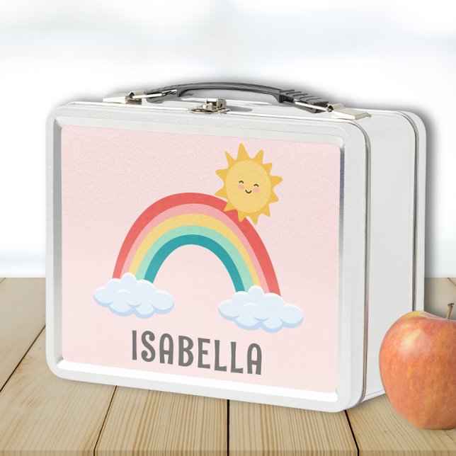 Mädchen Niedlich rosa Regenbogen Kinder Personalis Metall Brotdose (Cute Custom Name Lunchbox for girls with rainbow and sun)
