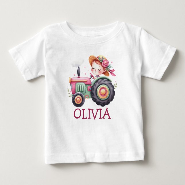 Mädchen Niedlich rosa Traktor Personalisiert Baby T-shirt (Vorderseite)