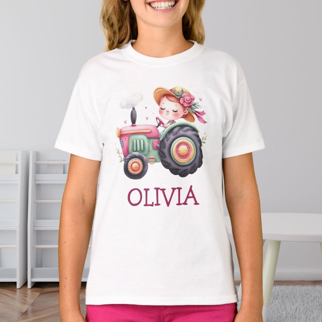 Mädchen Niedlich rosa Traktor Personalisiert T-Shirt (Von Creator hochgeladen)