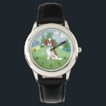 Mädchen Niedlich Springer Spaniel Hund mit Namen K Armbanduhr<br><div class="desc">Diese niedliche, moderne Kinderuhr verfügt über einen bezaubernden Spaniel Welpenhund-Cartoon mit Hügeln und einem Strand im Hintergrund und bietet Platz für Sie, um Ihren Mädchennamen hinzuzufügen. Mit klaren, leicht lesbaren Zahlen ist diese "erste" Uhr ideal für Kinder oder Kleinkinder, die gerade erst mit dem Lernen beginnen. Das perfekte geschlechtsneutrale Design...</div>