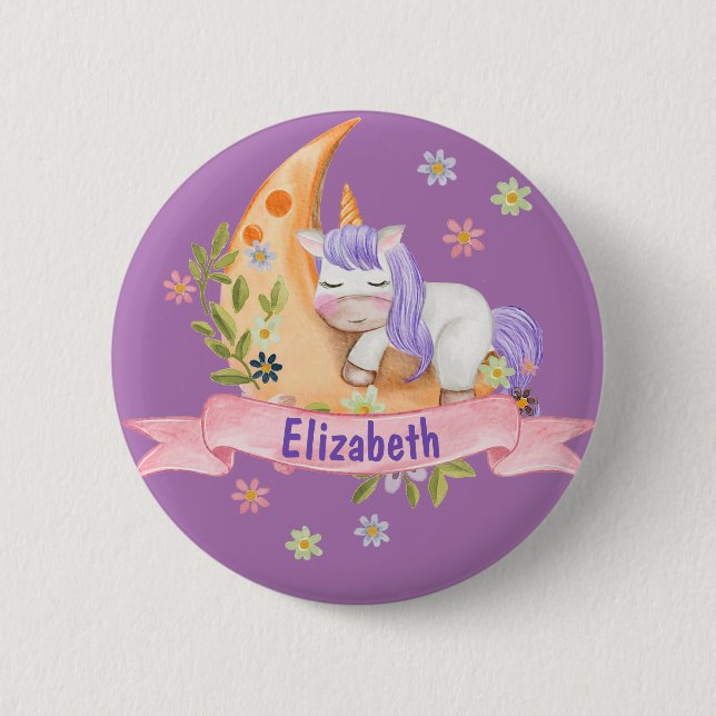 Mädchen Niedlich Unicorn Blume Personalisierter Na Button (Vorderseite)