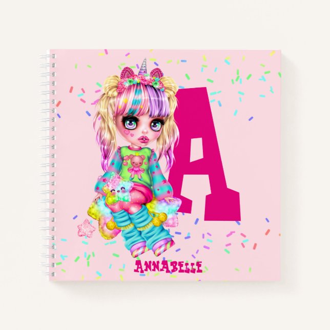 Mädchen Niedlich Unicorn Personalisiert Monogramm Notizbuch (Vorderseite)