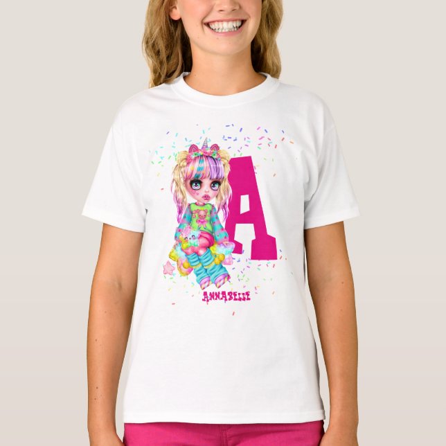 Mädchen Niedlich Unicorn Personalisiert Monogramm T-Shirt (Vorderseite)