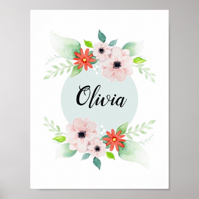 Mädchen Niedliche Aquarellfarben Blume und Name Poster (Vorne)