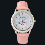 Mädchen Niedliche Blumenkatze Cartoon und Name Kin Armbanduhr<br><div class="desc">Diese niedliche und mädchenhafte Kinderuhr zeigt eine hübsche,  handgemalte Katze mit einem Blume-Kranz. Dieses Blumendesign bietet Ihnen auch die Möglichkeit,  Ihren Mädchennamen hinzuzufügen. Ideal für die erste Armbanduhr eines Kindes!</div>