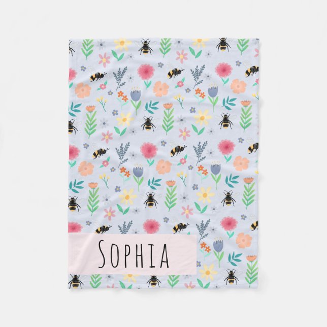 Mädchen Niedliche Hummel Bee Summer Pattern Name K Fleecedecke (Vorderseite)