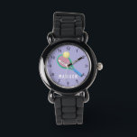 Mädchen Niedliche Lila Sportaktivitäten Kinder Armbanduhr<br><div class="desc">Diese niedliche und moderne Kinderuhr verfügt über einen Tennisschläger und eine Kugel mit lila Hintergrund. Die sportliche Uhr kann mit Ihrem Mädchennamen personalisiert werden und mit klaren Zahlen,  das ideale Geschenk für jeden Sportler.</div>
