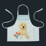 Mädchen Niedliche Welpen Hund Blumenkids Schürze<br><div class="desc">Diese niedliche und gemütliche Schürze verfügt über einen hübschen,  goldenen Retriever Welpen mit Blume. Dieses hübsche blaue Blumendesign bietet auch einen Platz,  um den Namen Ihres Mädchens hinzuzufügen. Das perfekte skurrile Geschenk für jeden Hundefreund!</div>