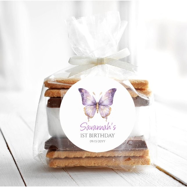 Mädchen Niedlicher Lila Schmetterling 1. Geburtsta Runder Aufkleber (Von Creator hochgeladen)