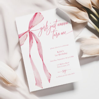 Mädchen nur wollen einen rosa Bow 1. Geburtstag ma Einladung