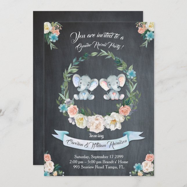 Mädchen oder Junge Geschlecht offenbaren Elefanten Einladung (Vorne/Hinten)