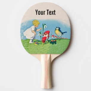 Mädchen-Ostern Lilly Gnome-Elfe, die Vogel-Korb Tischtennis Schläger