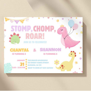 Mädchen Pastell Rosa Dinosaurier Gemeinsamer Gebur Einladung