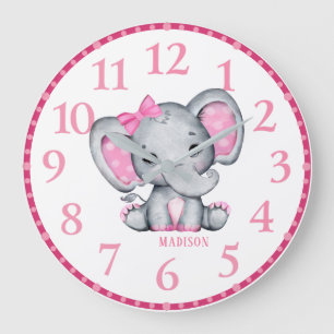 Mädchen Personalisiert Pink Elephant Wall Clock Große Wanduhr