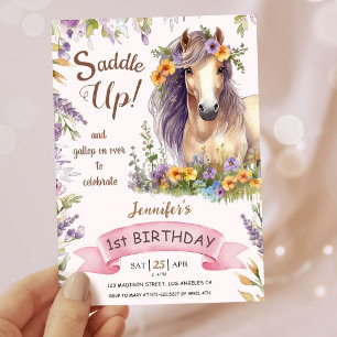 Mädchen Pferd 1. Geburtstag Lila Floral Sattel Auf Einladung