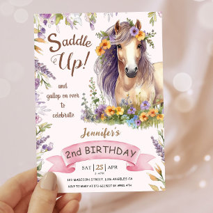 Mädchen Pferd 2. Geburtstag Lila Floral Sattel Auf Einladung