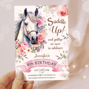 Mädchen Pferd 4. Geburtstag Blütenblumen Sattel Au Einladung