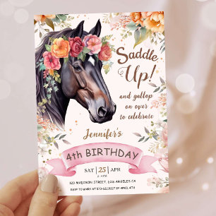 Mädchen Pferd 4. Geburtstag Pink Cowgirl Sattel Up Einladung