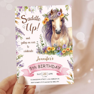 Mädchen Pferd 5. Geburtstag Lila Floral Sattel Auf Einladung