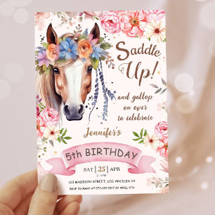 Mädchen Pferd 5. Geburtstag Pink Floral Cowgirl Einladung