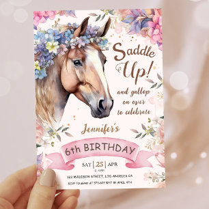 Mädchen Pferd 6. Geburtstag Floral Sattel Auf! Einladung
