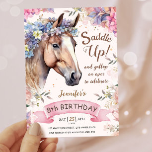 Mädchen Pferd 8. Geburtstag Floral Sattel hoch! Einladung