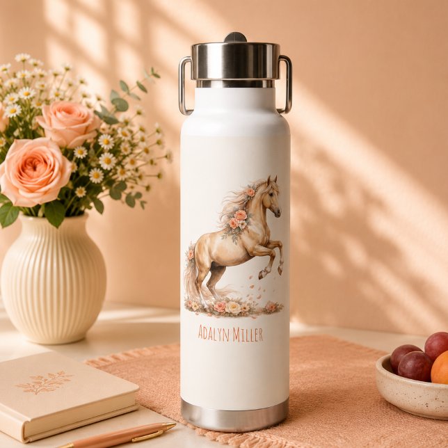 Mädchen Pfirsich Pferd Rose Personalisierter Name Trinkflasche (Von Creator hochgeladen)