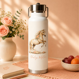 Mädchen Pfirsich Pferd Whimsical Script Monogramm Trinkflasche